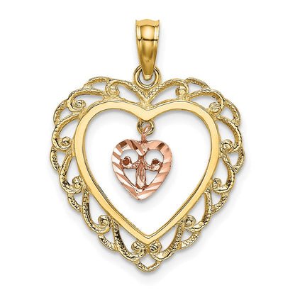14K Bicolor-Gold Diamantierter Mini-Herz-im-Herz-Charm