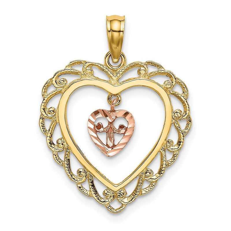 14K Bicolor-Gold Diamantierter Mini-Herz-im-Herz-Charm
