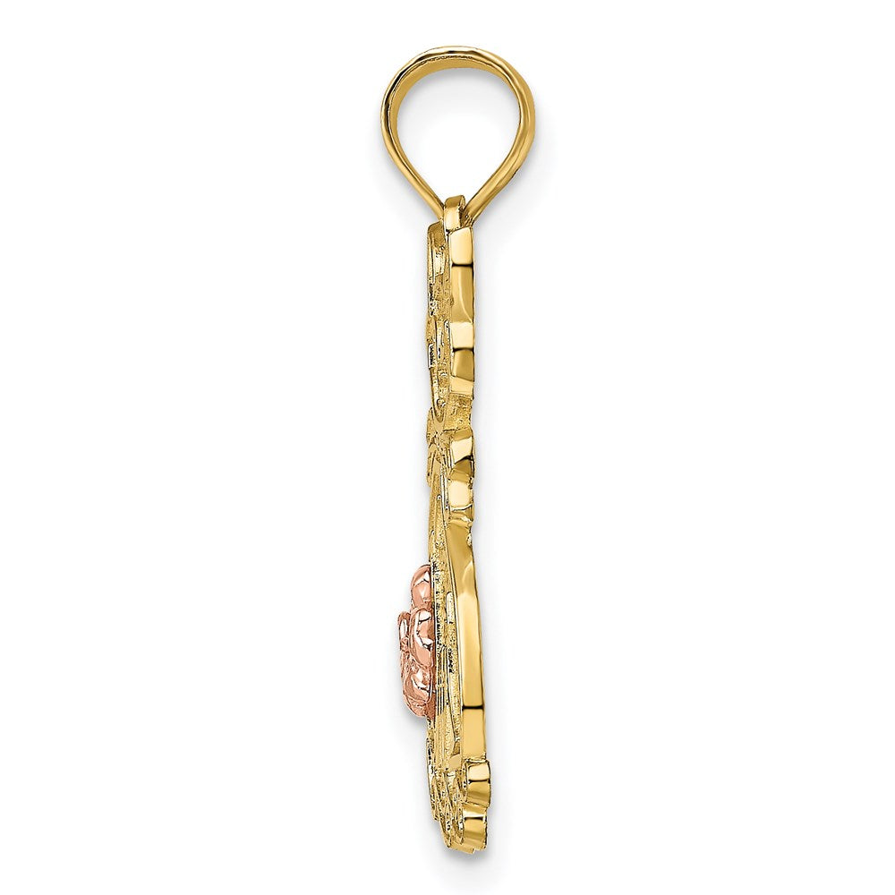 14K Bicolor Sitting Katze mit Schleife und Blume Charm