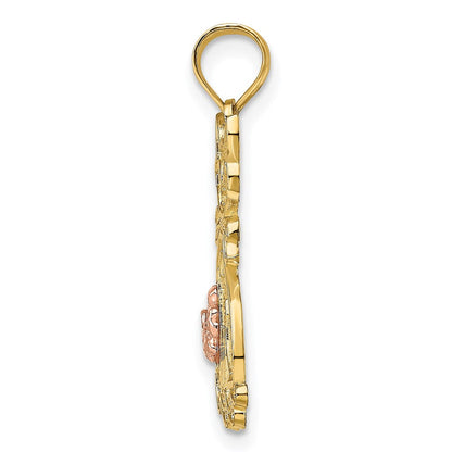 14K Bicolor Sitting Katze mit Schleife und Blume Charm