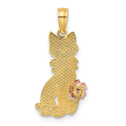 14K Bicolor Sitting Katze mit Schleife und Blume Charm