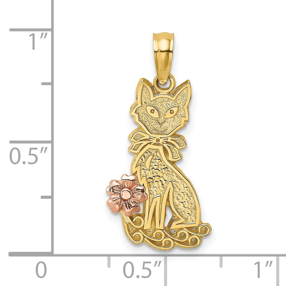14K Bicolor Sitting Katze mit Schleife und Blume Charm