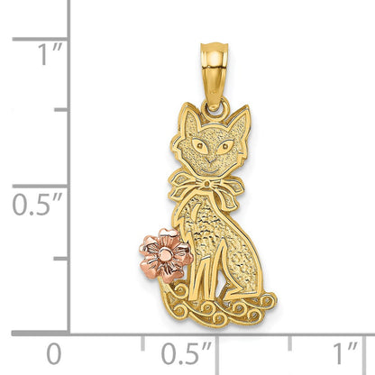 14K Bicolor Sitting Katze mit Schleife und Blume Charm