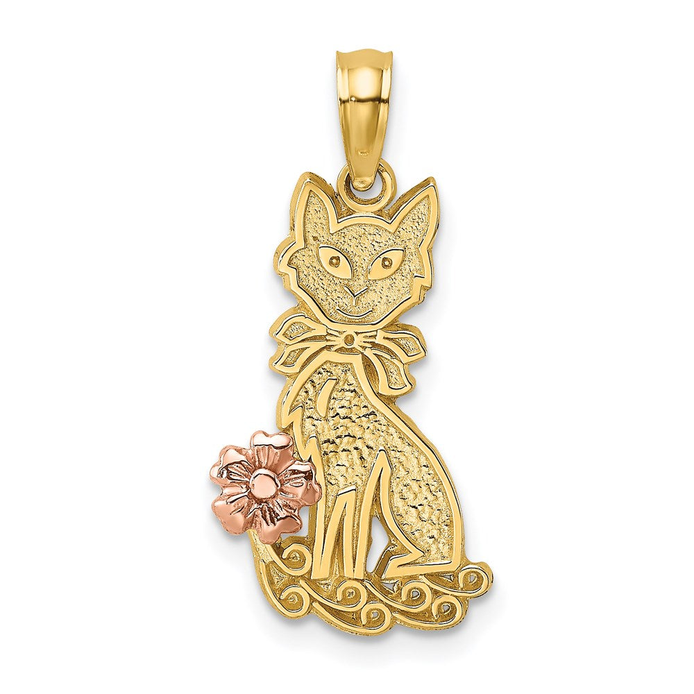 14K Bicolor Sitting Katze mit Schleife und Blume Charm