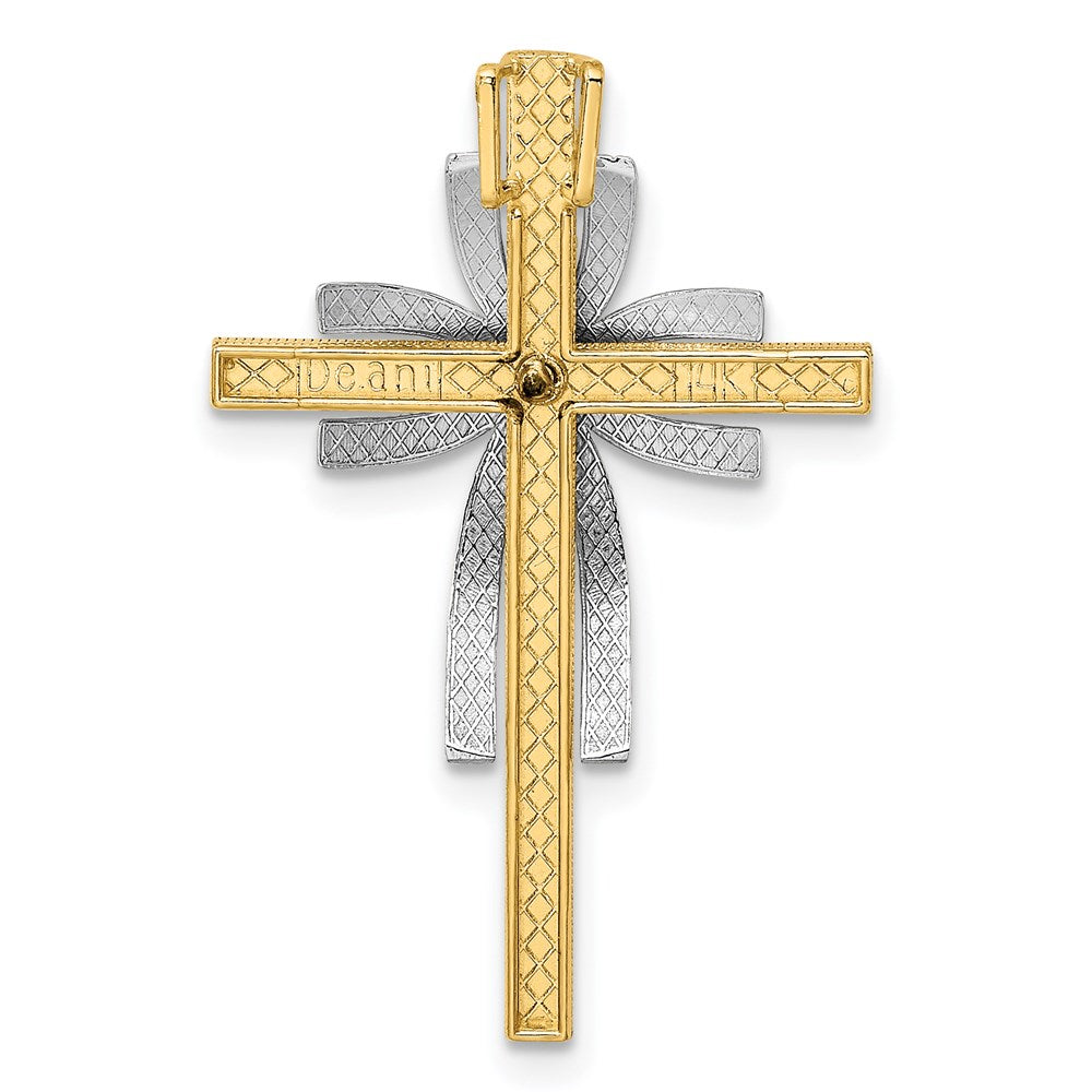 14K Bicolor 2-d Poliert und Strukturiert Kreuz Kette Anhänger