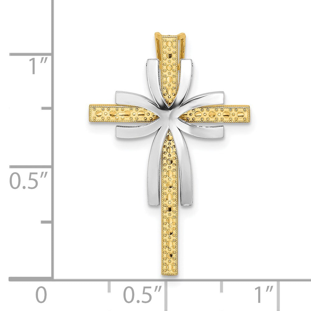 14K Bicolor 2-d Poliert und Strukturiert Kreuz Kette Anhänger
