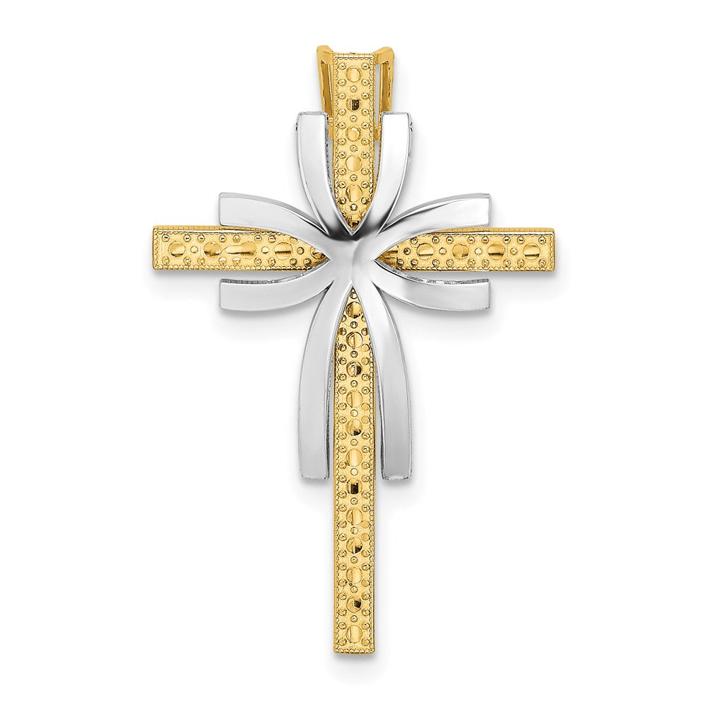 14K Bicolor 2-d Poliert und Strukturiert Kreuz Kette Anhänger
