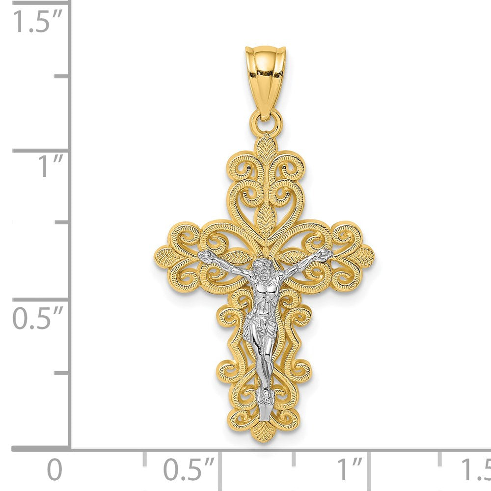 14K Bicolor-Gold mit Rhodium-Filigran-Kruzifix-Charm