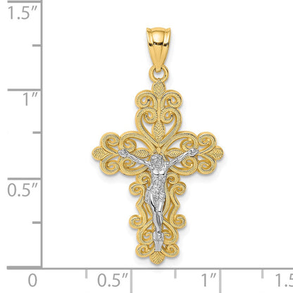 14K Bicolor-Gold mit Rhodium-Filigran-Kruzifix-Charm