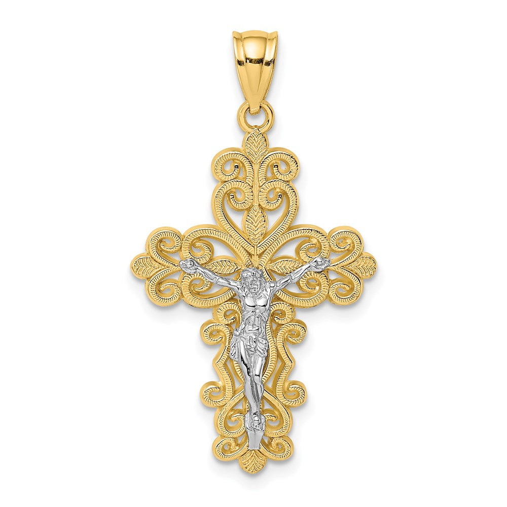 14K Bicolor-Gold mit Rhodium-Filigran-Kruzifix-Charm