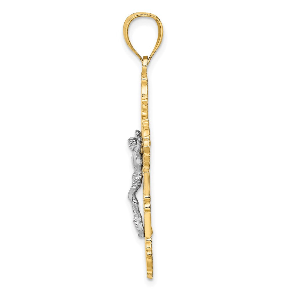 14 Karat Bicolor-Gold mit Rhodium-Beschichtung Kruzifix-Charm mit geschwungenen Spitzen