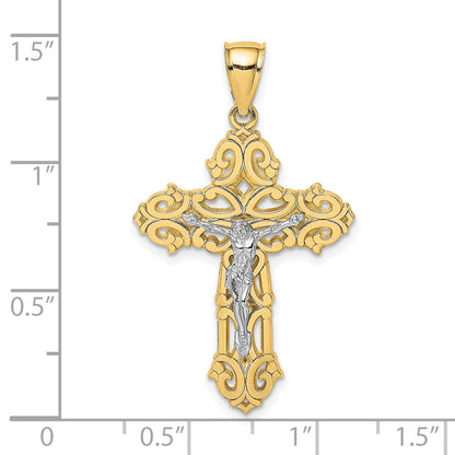 14 Karat Bicolor-Gold mit Rhodium-Beschichtung Kruzifix-Charm mit geschwungenen Spitzen