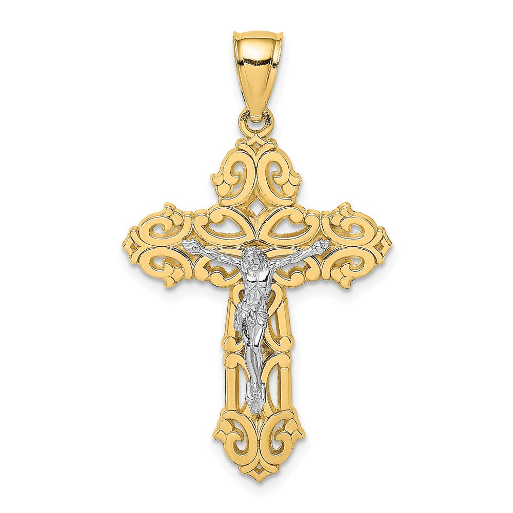 14 Karat Bicolor-Gold mit Rhodium-Beschichtung Kruzifix-Charm mit geschwungenen Spitzen
