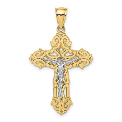 14 Karat Bicolor-Gold mit Rhodium-Beschichtung Kruzifix-Charm mit geschwungenen Spitzen
