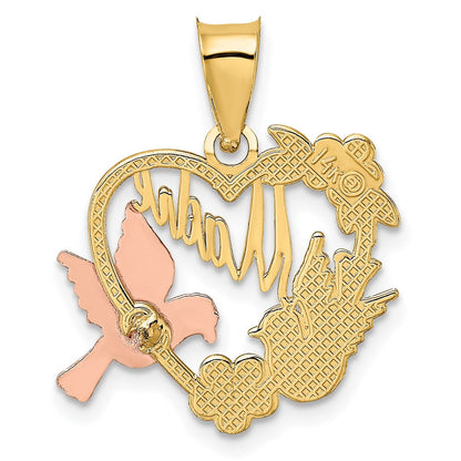 14K Bicolor-Gold mit Weißrhodium MADRE Herz mit Tauben Charm