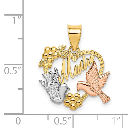 14K Bicolor-Gold mit Weißrhodium MADRE Herz mit Tauben Charm