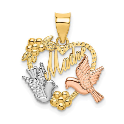 14K Bicolor-Gold mit Weißrhodium MADRE Herz mit Tauben Charm