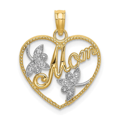 14K Gelb & Rhodium mit Strukturiert Herz Mama Charm