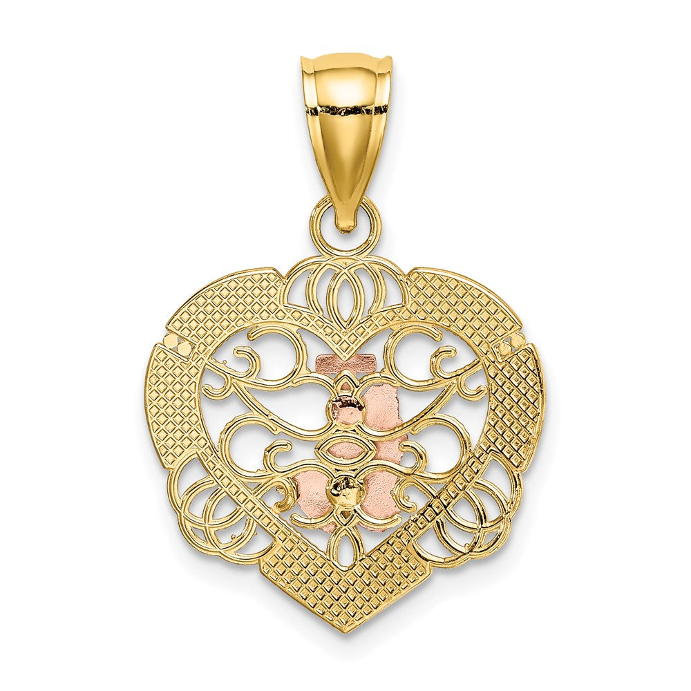 14K Bicolor-Gold mit Weiß-Rhodinierung Betende Hände und Kreuz-Herz-Charm