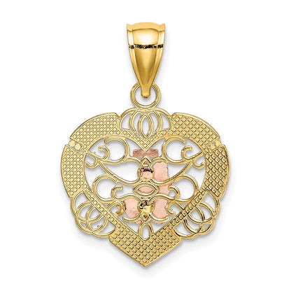 14K Bicolor-Gold mit Weiß-Rhodinierung Betende Hände und Kreuz-Herz-Charm