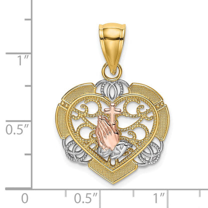 14K Bicolor-Gold mit Weiß-Rhodinierung Betende Hände und Kreuz-Herz-Charm