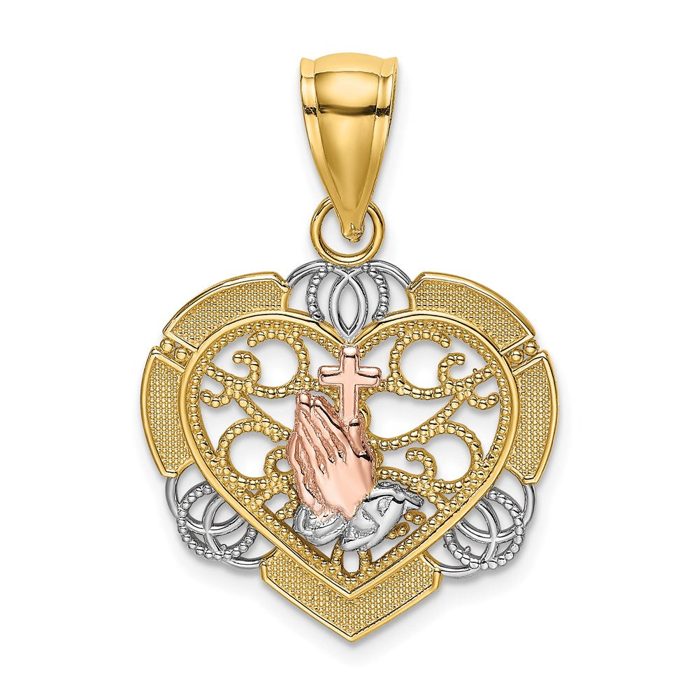 14K Bicolor-Gold mit Weiß-Rhodinierung Betende Hände und Kreuz-Herz-Charm
