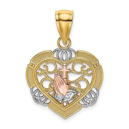 14K Bicolor-Gold mit Weiß-Rhodinierung Betende Hände und Kreuz-Herz-Charm