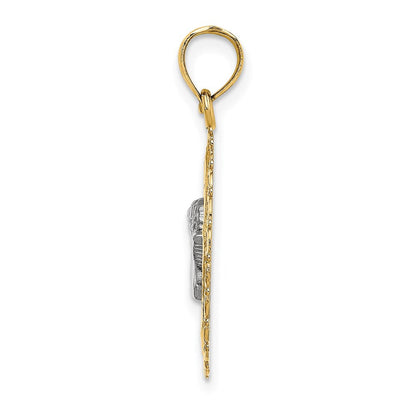 14k Yellow & Rhodium Gold W/Rhodium Round Engraved Disc Cherub Charm