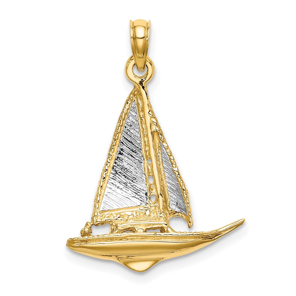 14 Karat Gelbgold mit Rhodium, rhodiniert, 3-D polierter Segelboot-Charm