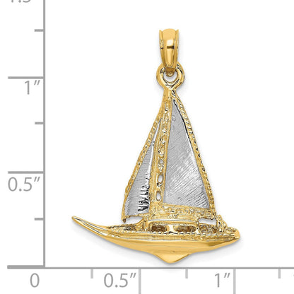 14 Karat Gelbgold mit Rhodium, rhodiniert, 3-D polierter Segelboot-Charm