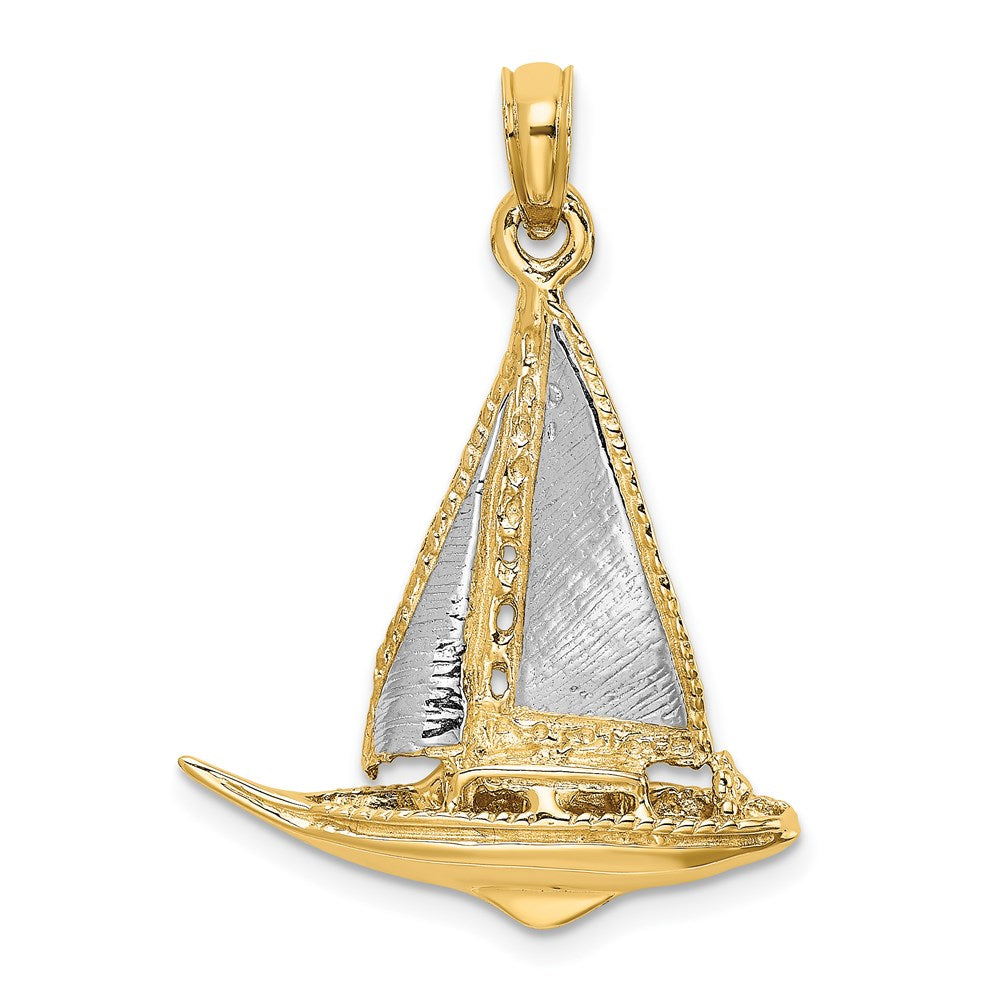 14 Karat Gelbgold mit Rhodium, rhodiniert, 3-D polierter Segelboot-Charm