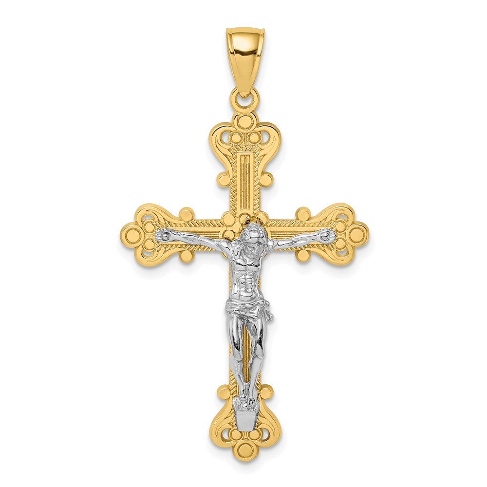 14K Bicolor-Gold Gravierter Kruzifix-Charm