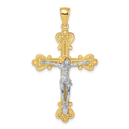 14K Bicolor-Gold Gravierter Kruzifix-Charm