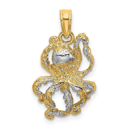 14K Gelb & Rhodium mit Weiß Strukturiert Octopus Charm
