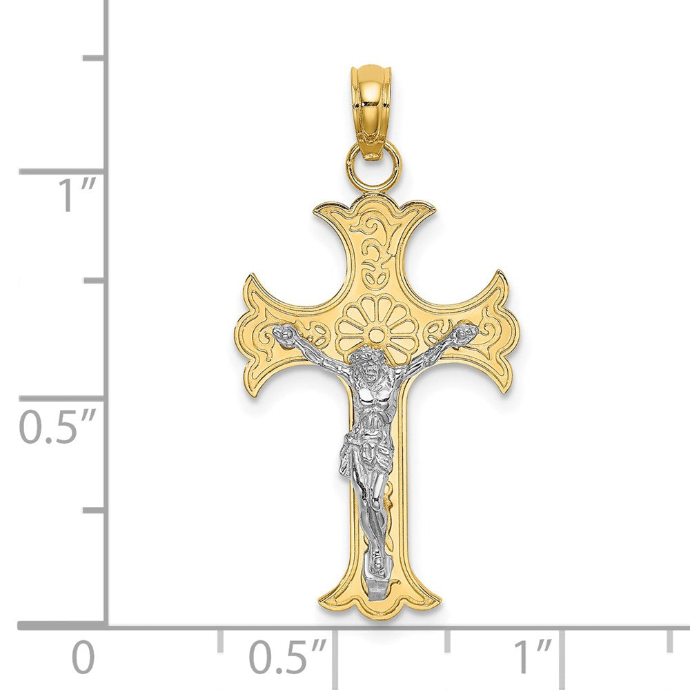 14K Bicolor-Gold mit Rhodium graviert Kruzifix-Charm