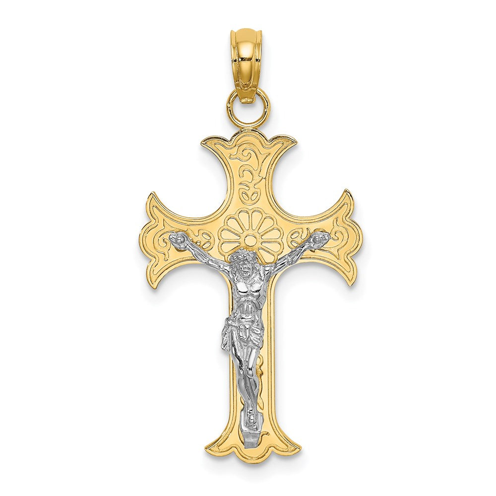 14K Bicolor-Gold mit Rhodium graviert Kruzifix-Charm