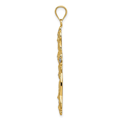 14K Gelb- und Rhodiumgold-Kreuz-Charm mit Rhodium-Schnörkeldesign und Diamantschliff