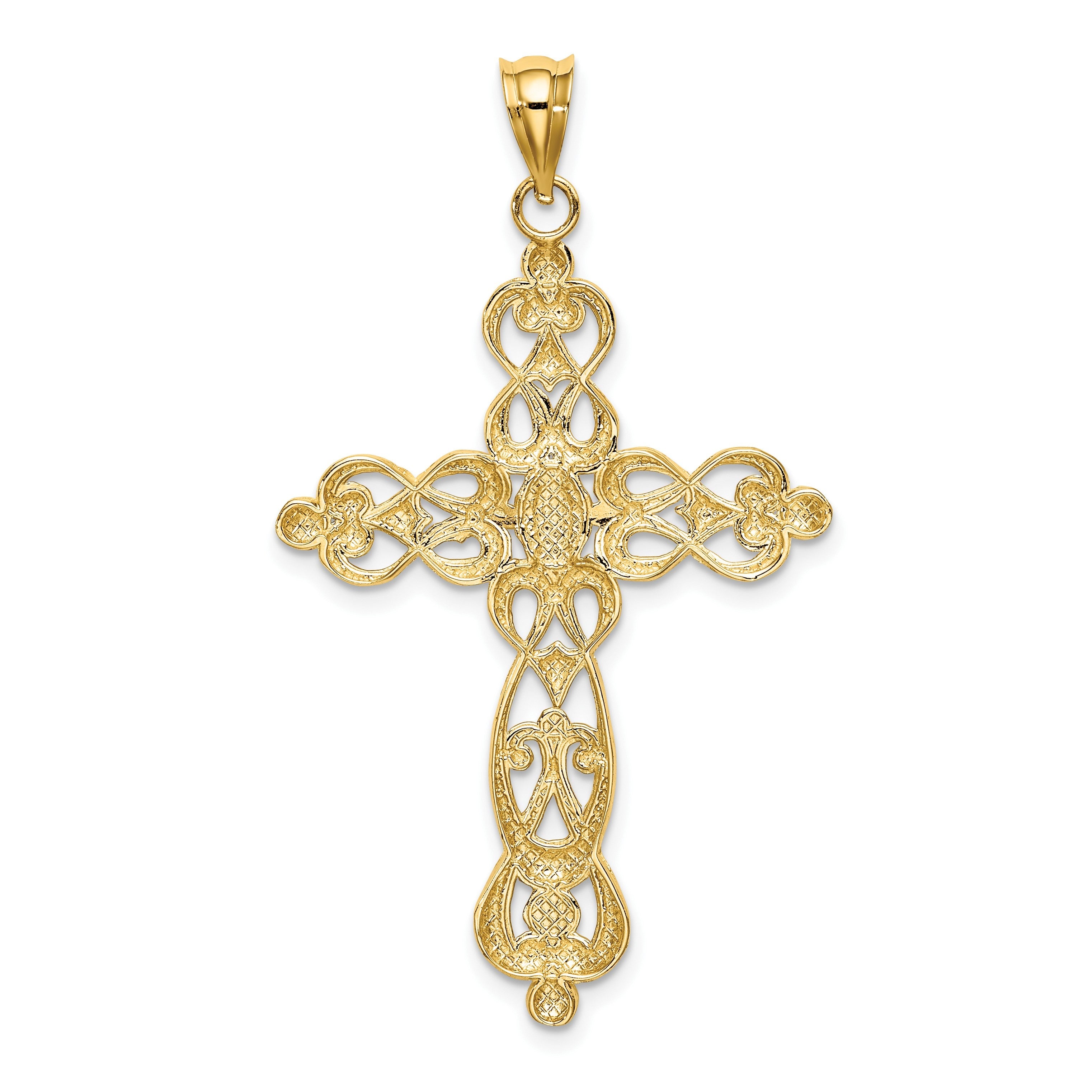 14K Gelb- und Rhodiumgold-Kreuz-Charm mit Rhodium-Schnörkeldesign und Diamantschliff