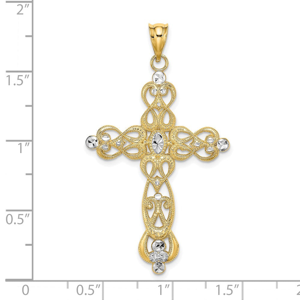 14K Gelb- und Rhodiumgold-Kreuz-Charm mit Rhodium-Schnörkeldesign und Diamantschliff
