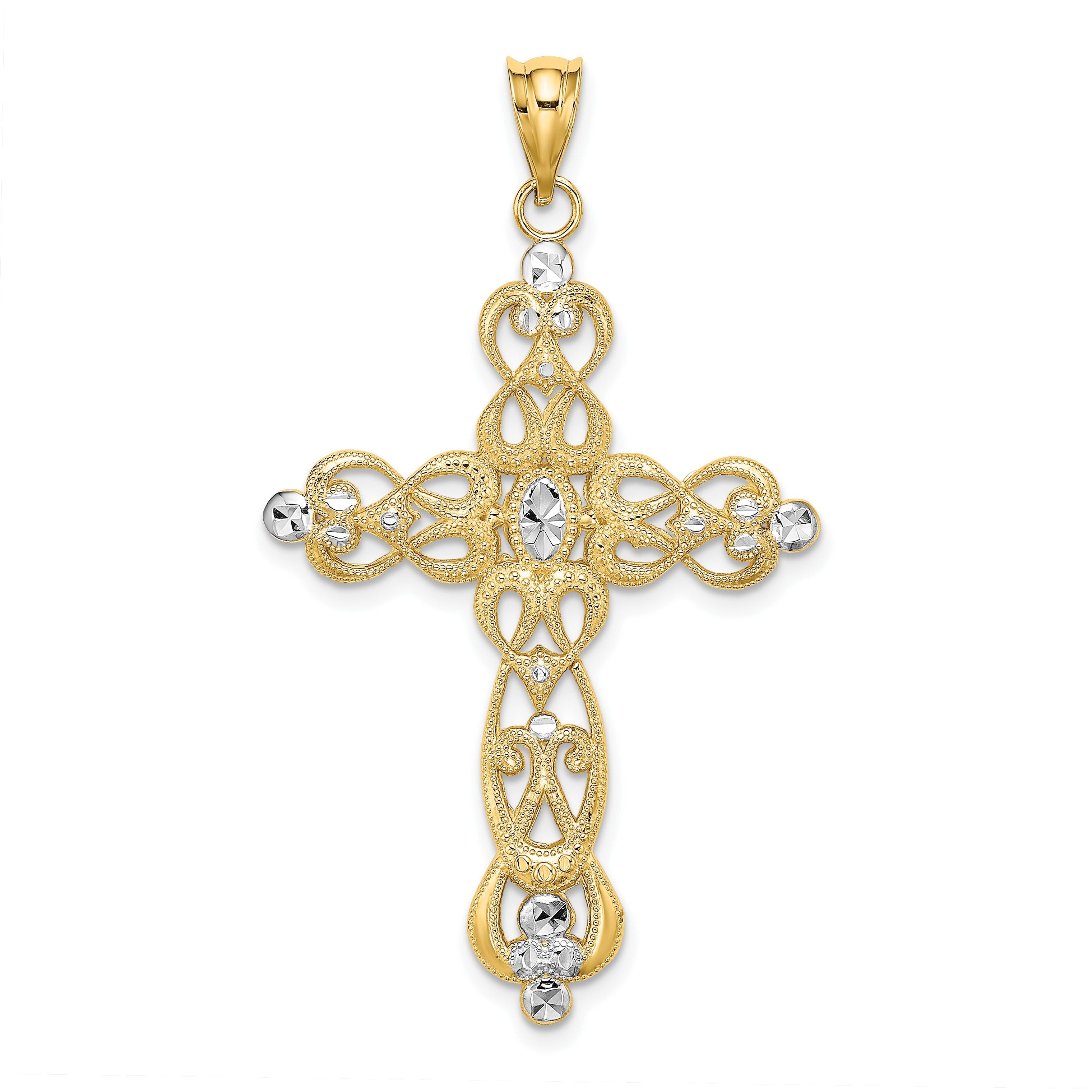 14K Gelb- und Rhodiumgold-Kreuz-Charm mit Rhodium-Schnörkeldesign und Diamantschliff