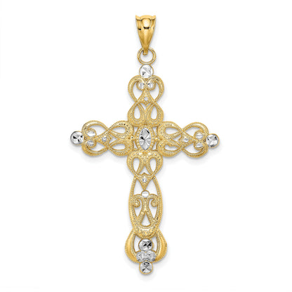 14K Gelb- und Rhodiumgold-Kreuz-Charm mit Rhodium-Schnörkeldesign und Diamantschliff