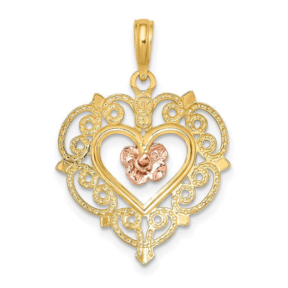 14K Bicolor-Gold Blumen- und Herz-Charm aus Rosé- und Gelbgold