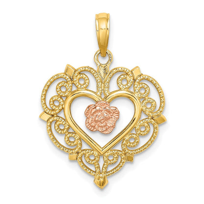 14K Bicolor-Gold Blumen- und Herz-Charm aus Rosé- und Gelbgold