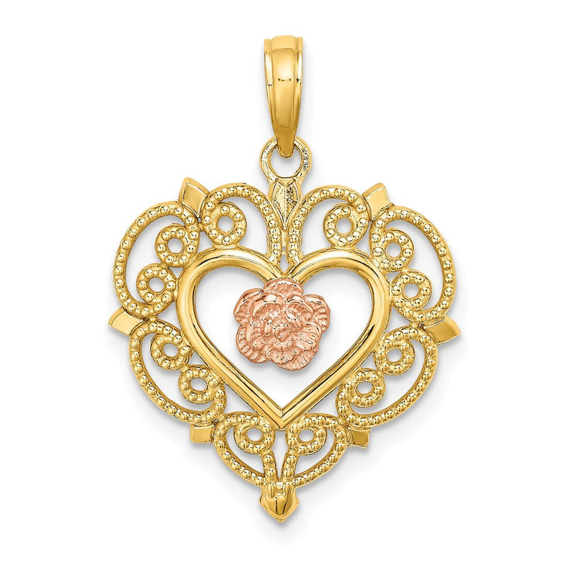 14K Bicolor-Gold Blumen- und Herz-Charm aus Rosé- und Gelbgold