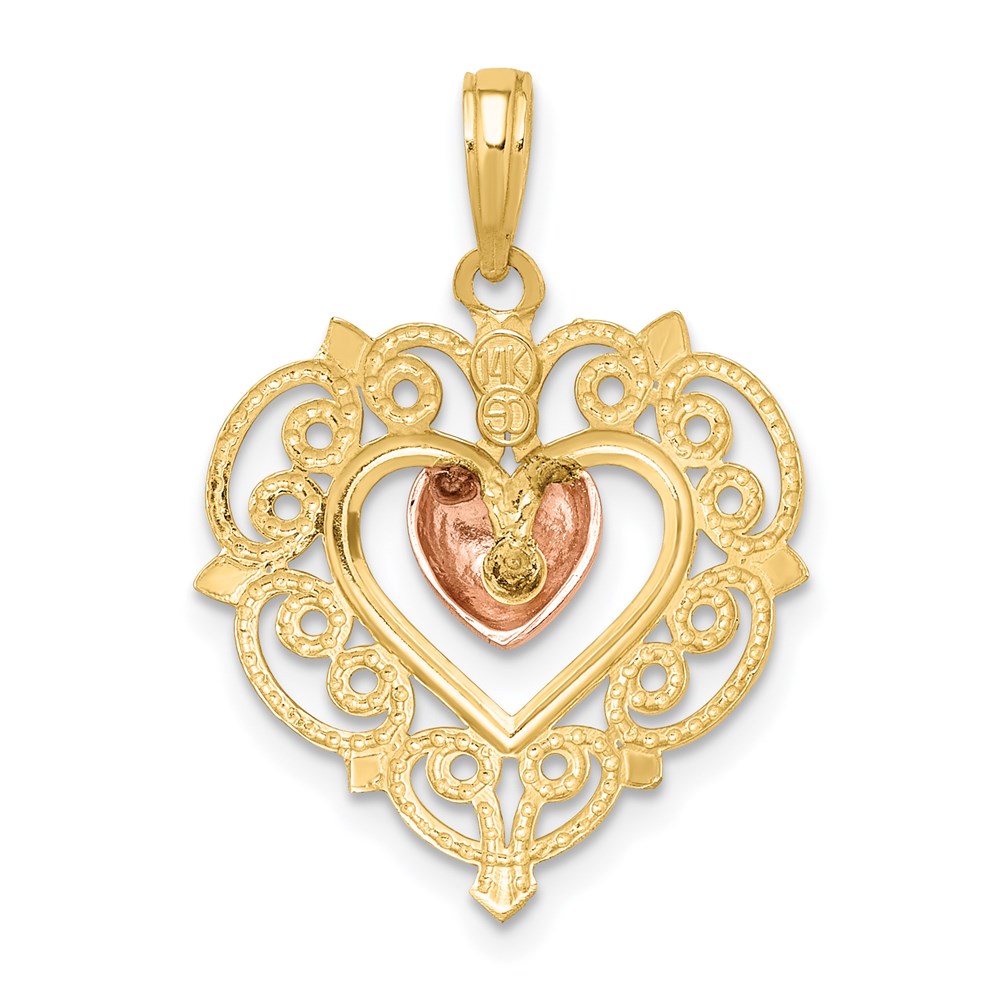 14 Karat Zweifarbiges Gold Herz-Charm mit Spitzenrand in Gelbgold und Roségold