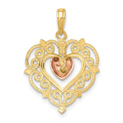 14 Karat Zweifarbiges Gold Herz-Charm mit Spitzenrand in Gelbgold und Roségold