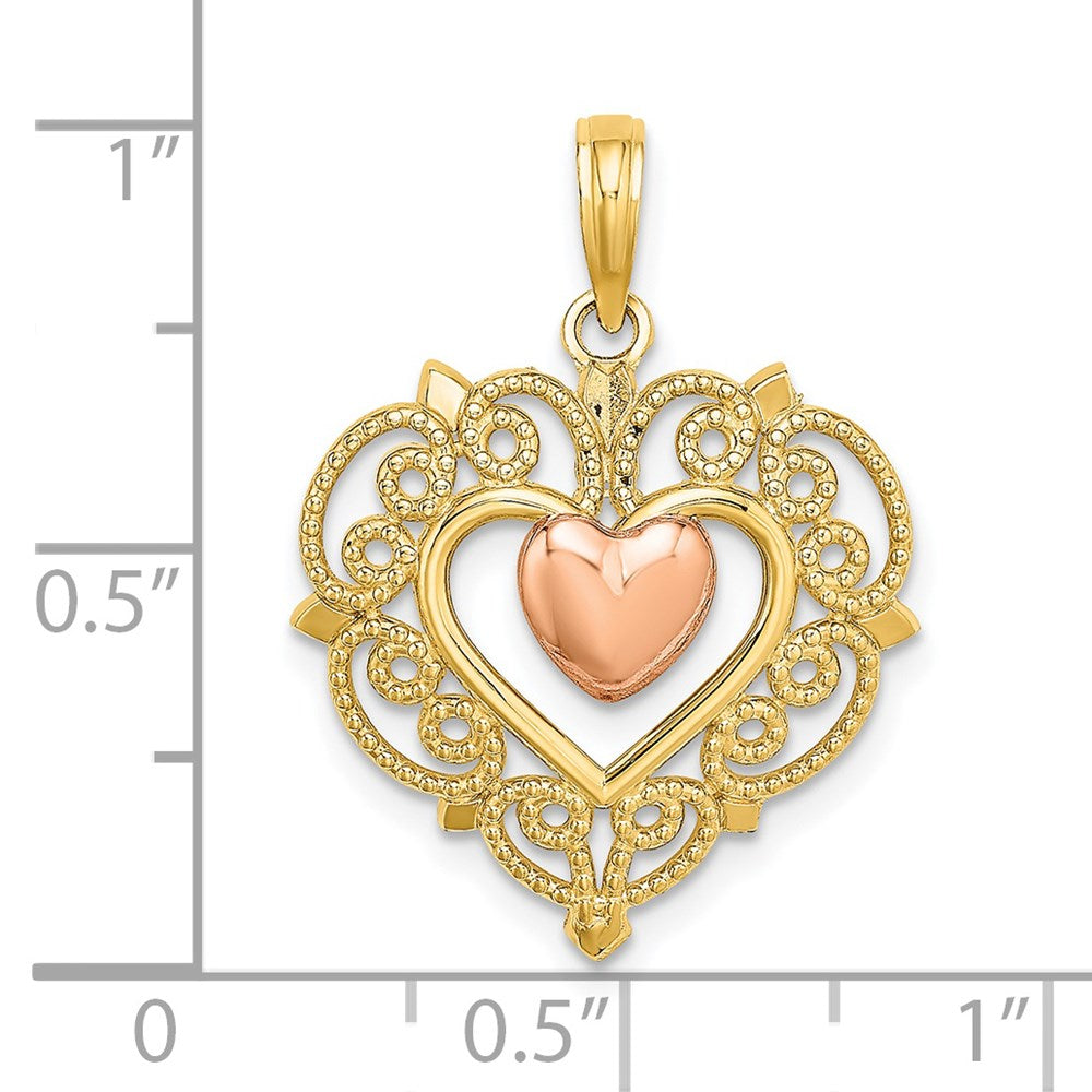 14 Karat Zweifarbiges Gold Herz-Charm mit Spitzenrand in Gelbgold und Roségold