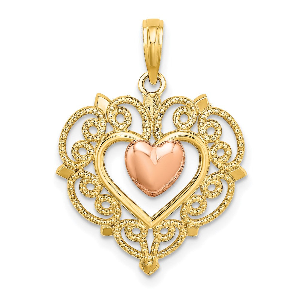 14 Karat Zweifarbiges Gold Herz-Charm mit Spitzenrand in Gelbgold und Roségold