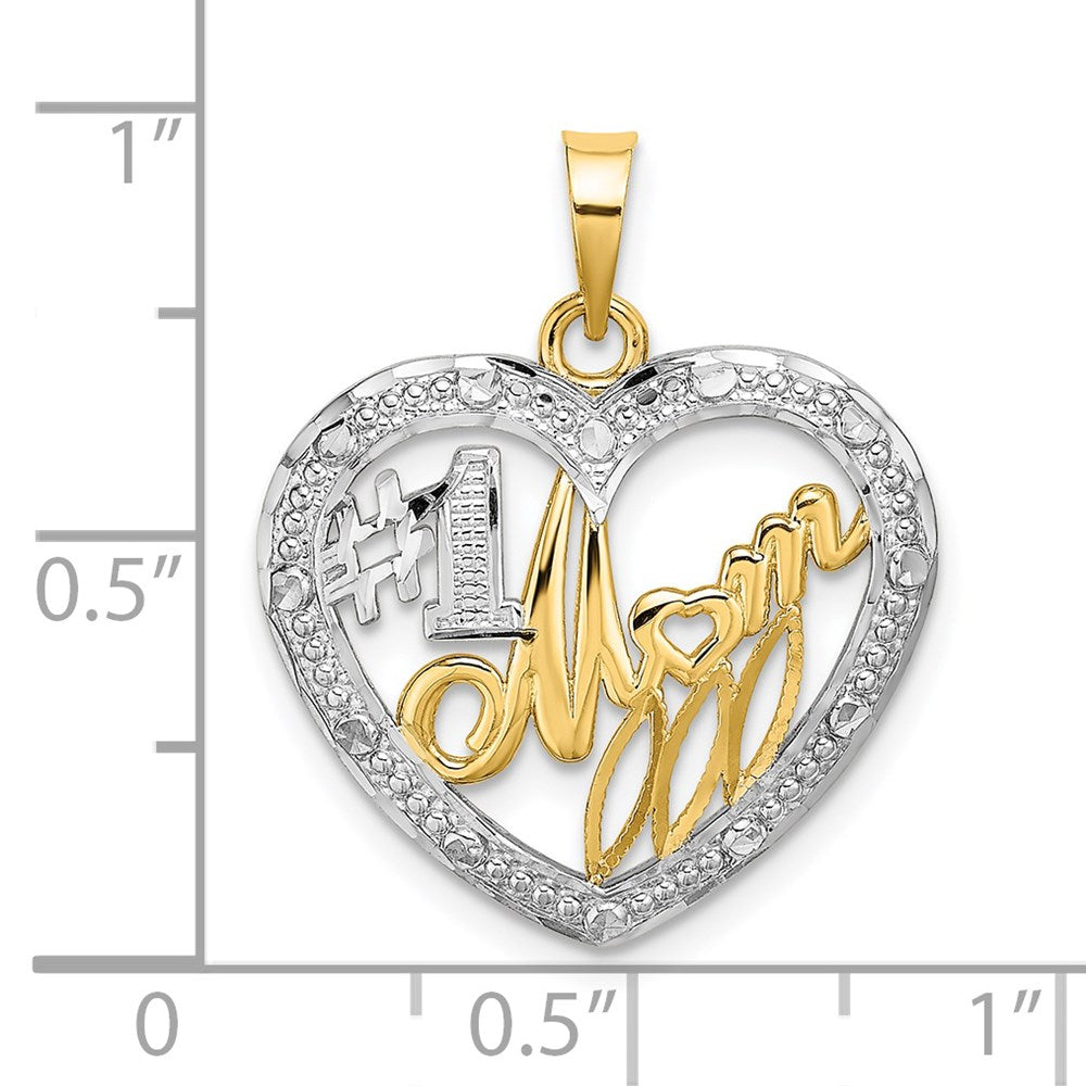 14K Gelb- und Rhodium-Gold mit rhodiniertem, texturiertem "#1 MOM"-Charm in Herzform