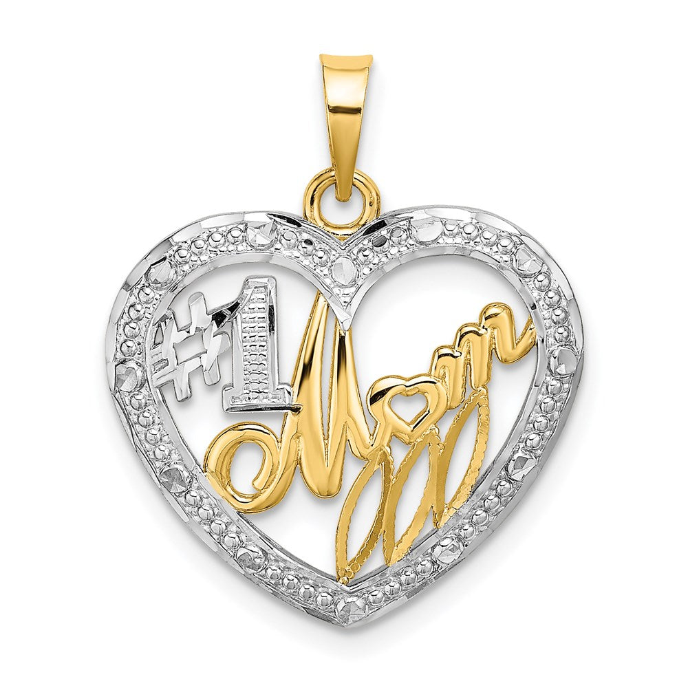 14K Gelb- und Rhodium-Gold mit rhodiniertem, texturiertem "#1 MOM"-Charm in Herzform